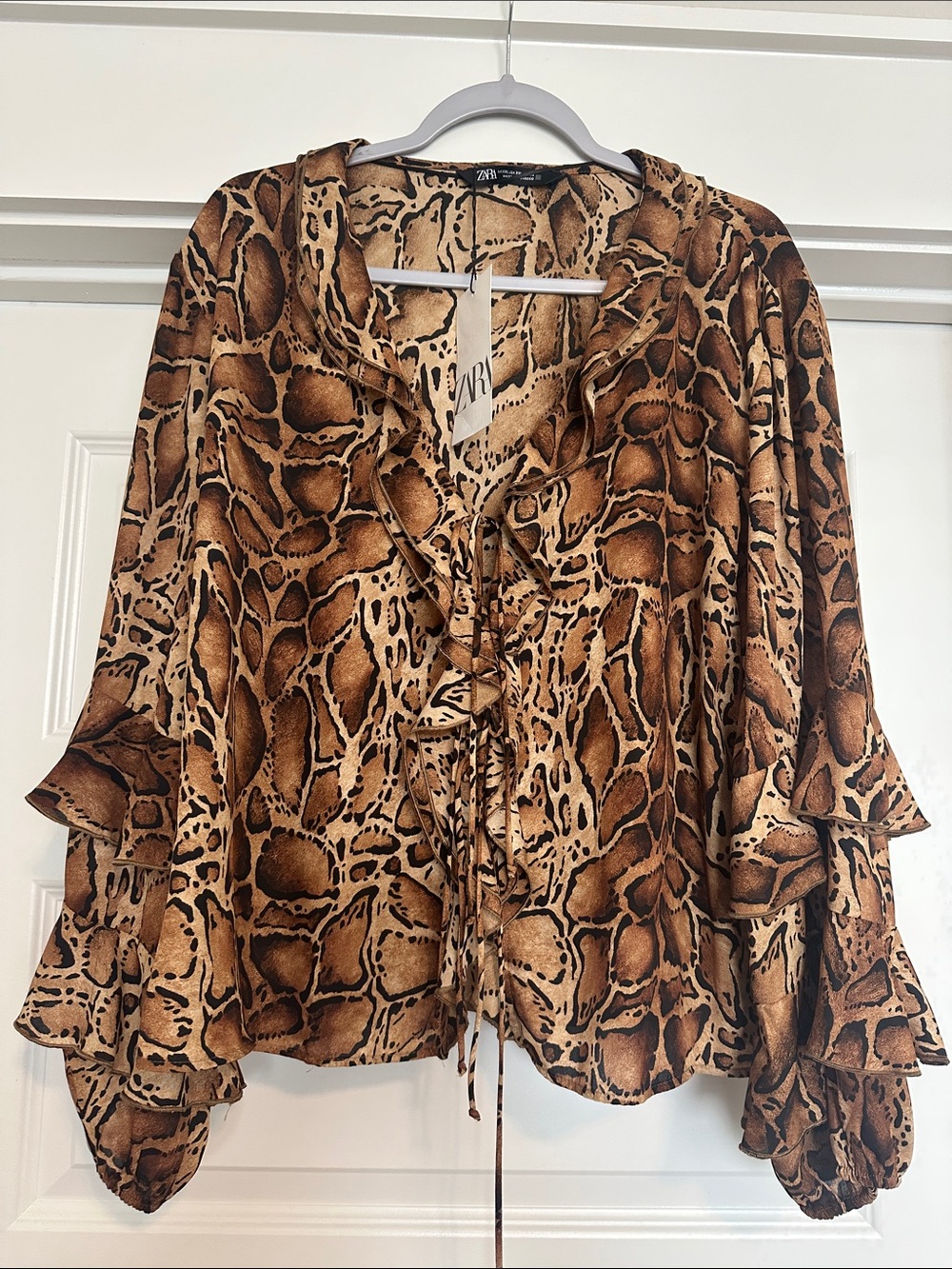 ZARA Brown and Tan Animal-Print Ruffle Tie Blouse